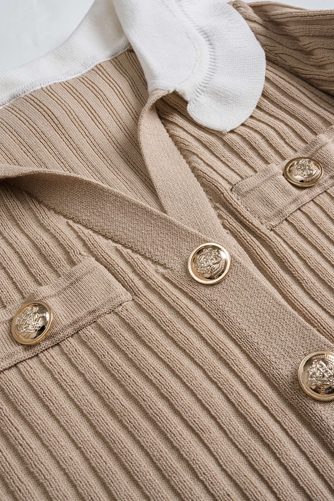 Knit Button V-Neck Ruched Long Sleeve Dress