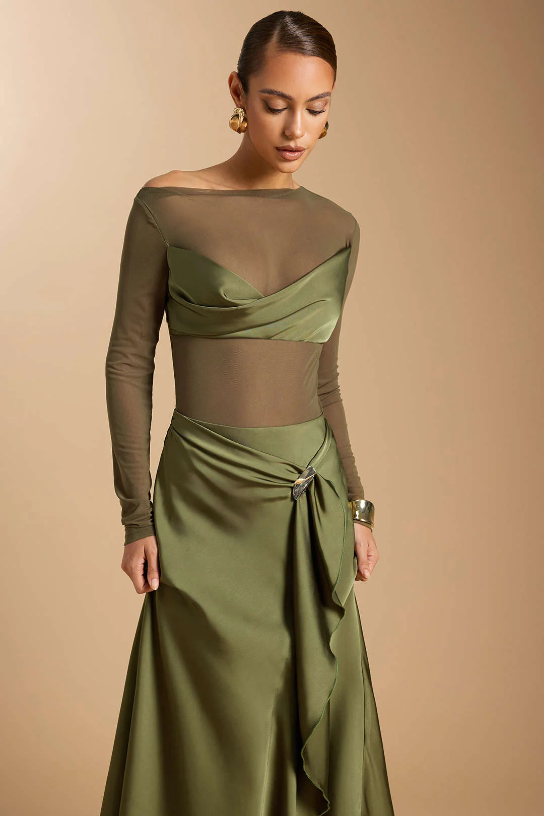 Satin Mesh Patchwork Metallic Asymmetric Ruched Long-Sleeve Midi Dress