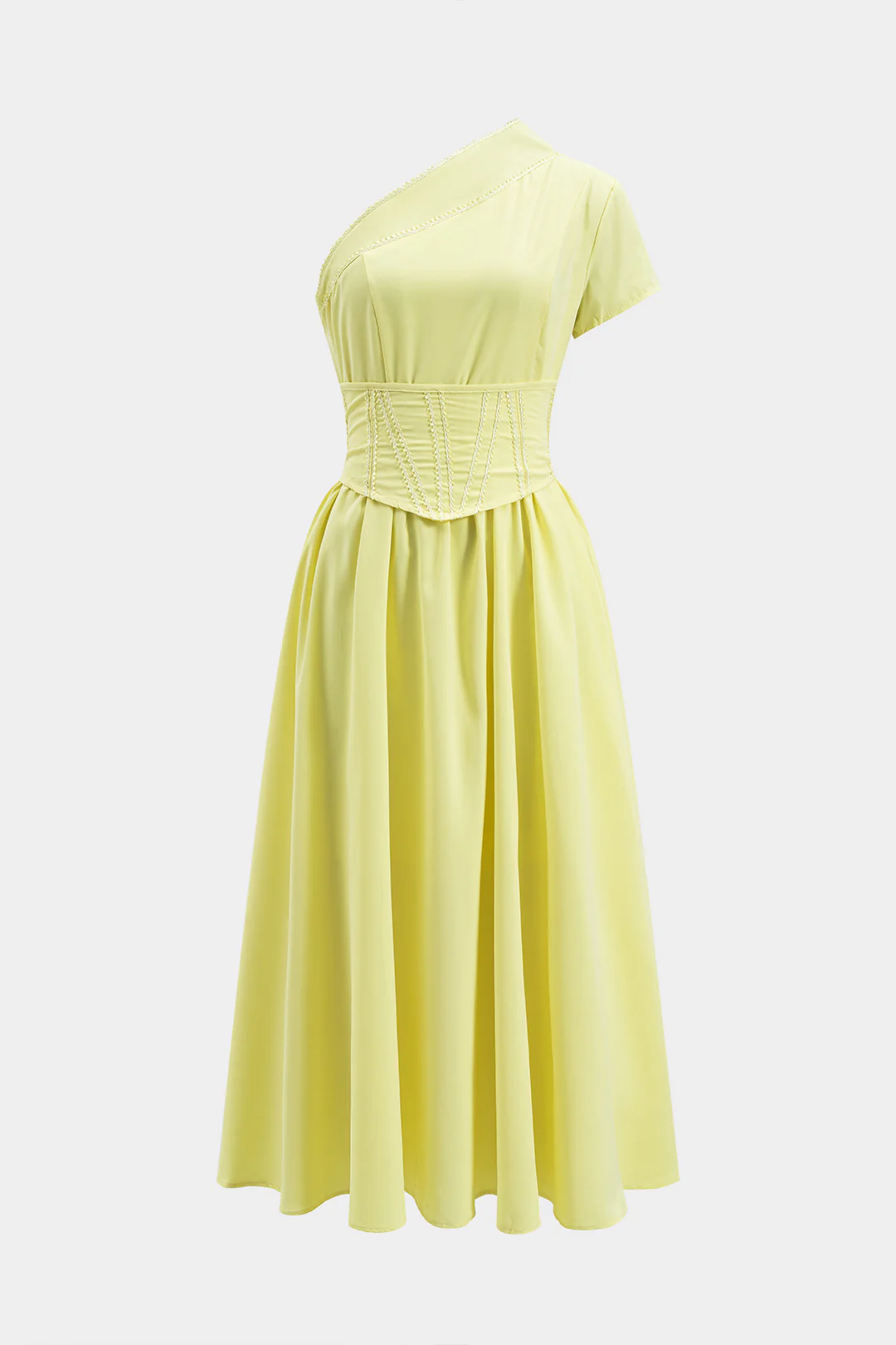 One-Shoulder Short-Sleeve Tie-Up Mid-Length Dress