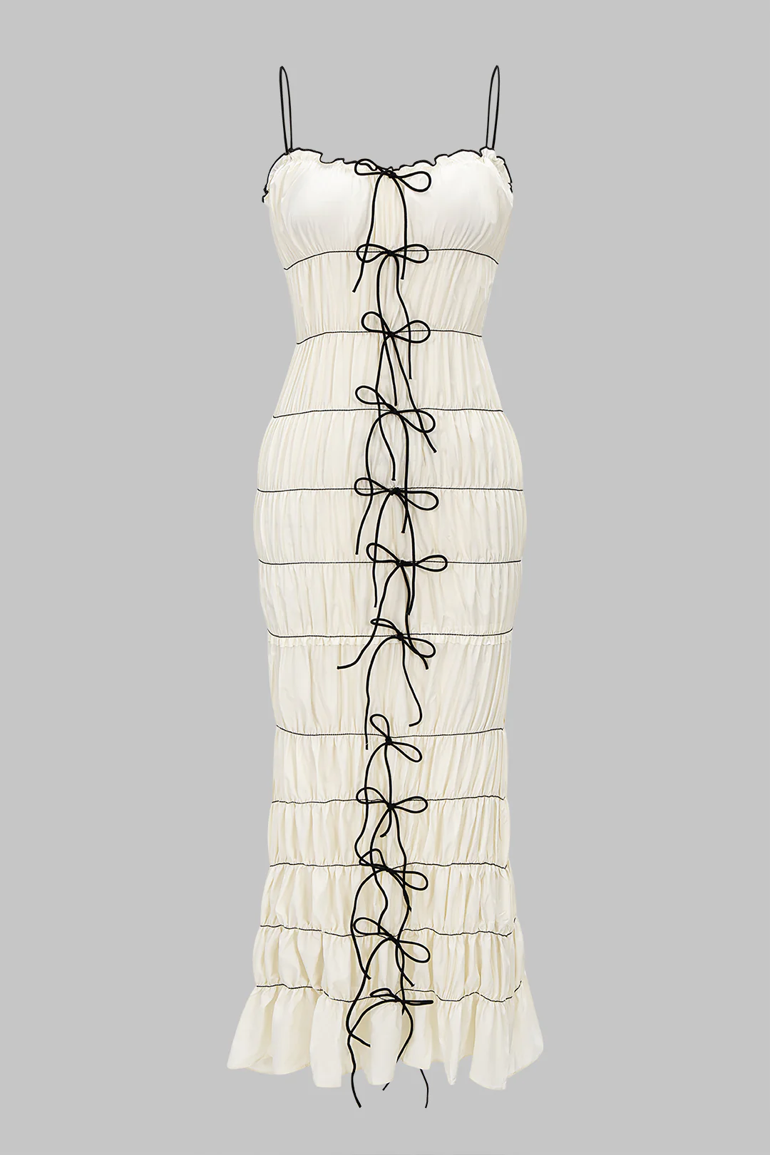 Bow Ruched Ruffle Hem Slip Sleeveless Maxi Dress