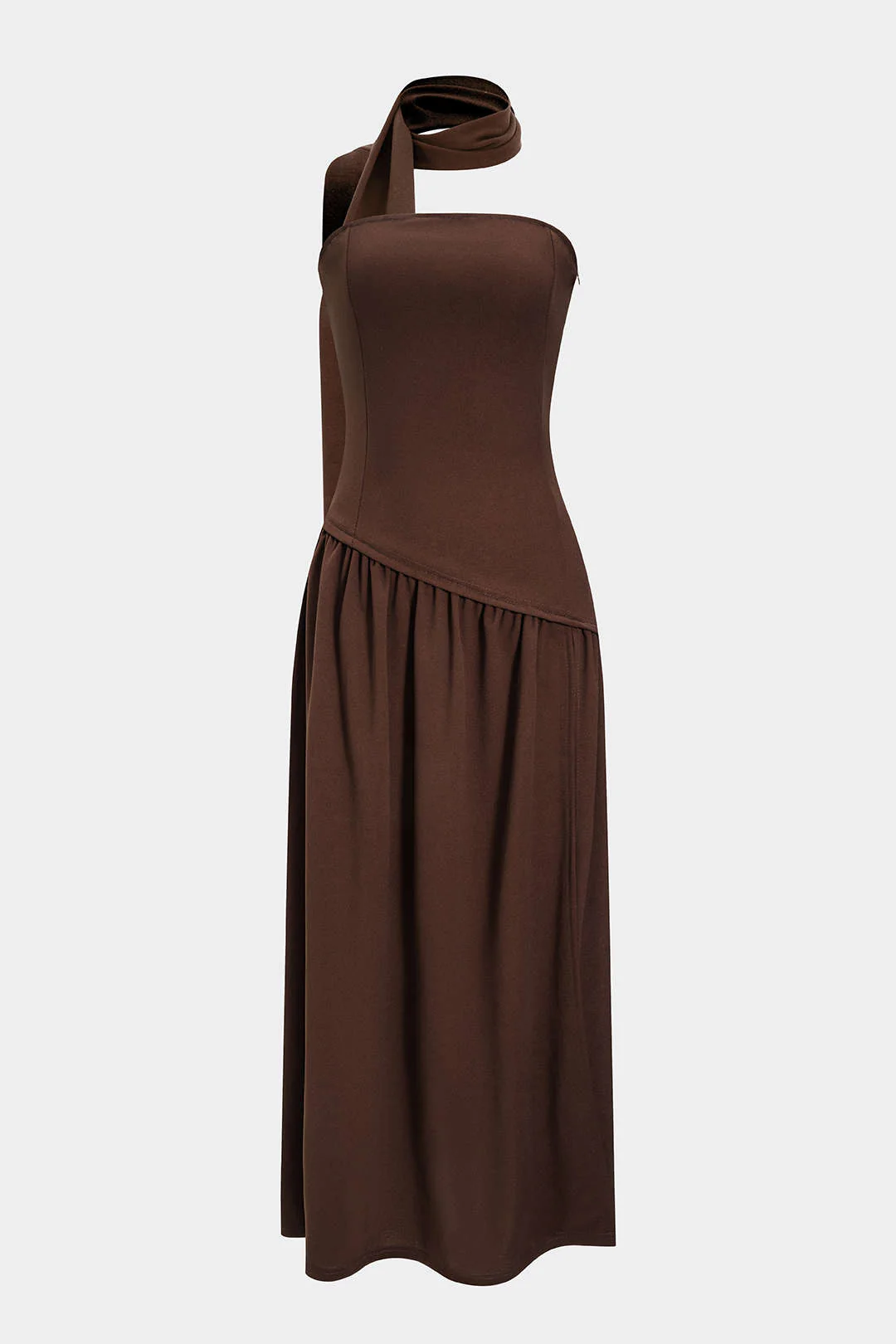 Contrast Satin Ruched Slit Strapless Maxi Dress