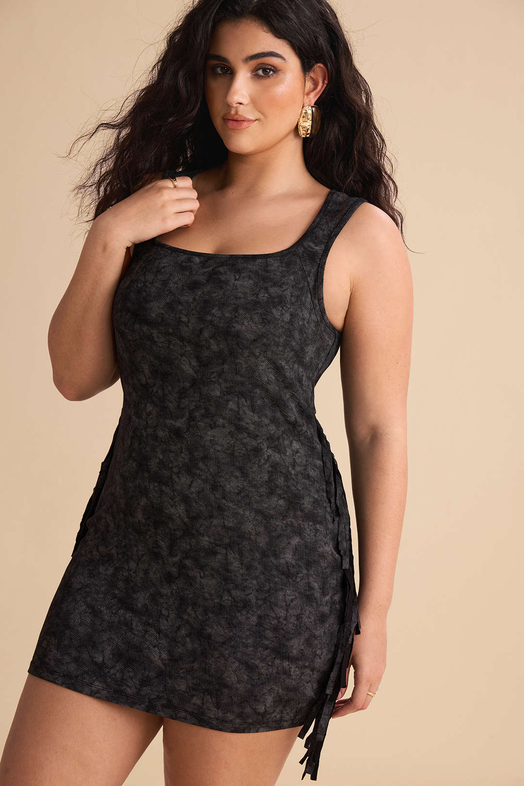 Plus Size Tie-Dye Printed Fringe Square-Neck Sleeveless Mini Dress