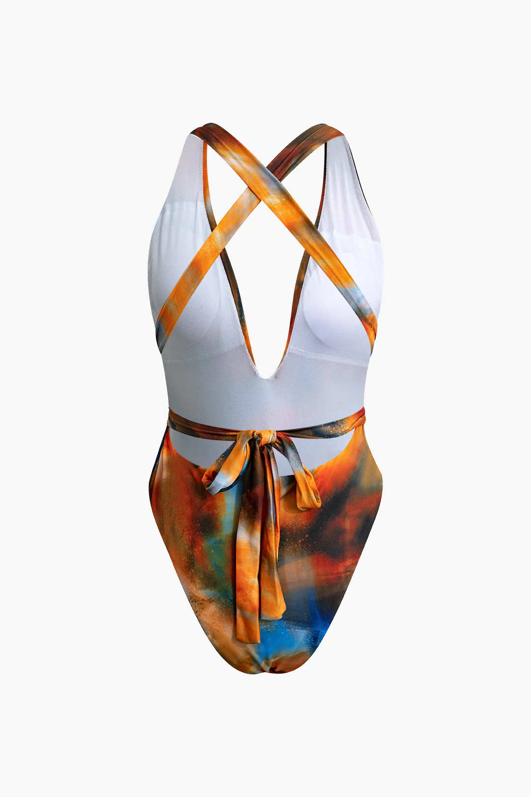 Abstract Print V-neck Cross-back Tie Swimsuit and Mesh Mini Sarong Skirt Set