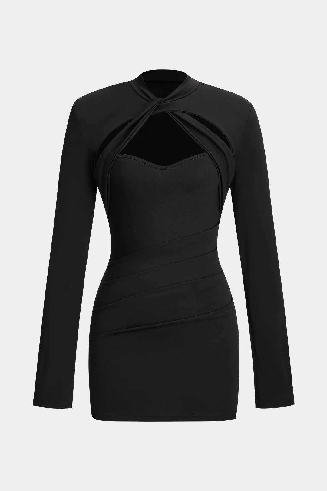 Ruched Cut Out Twist Knot Long Sleeve Mini Dress