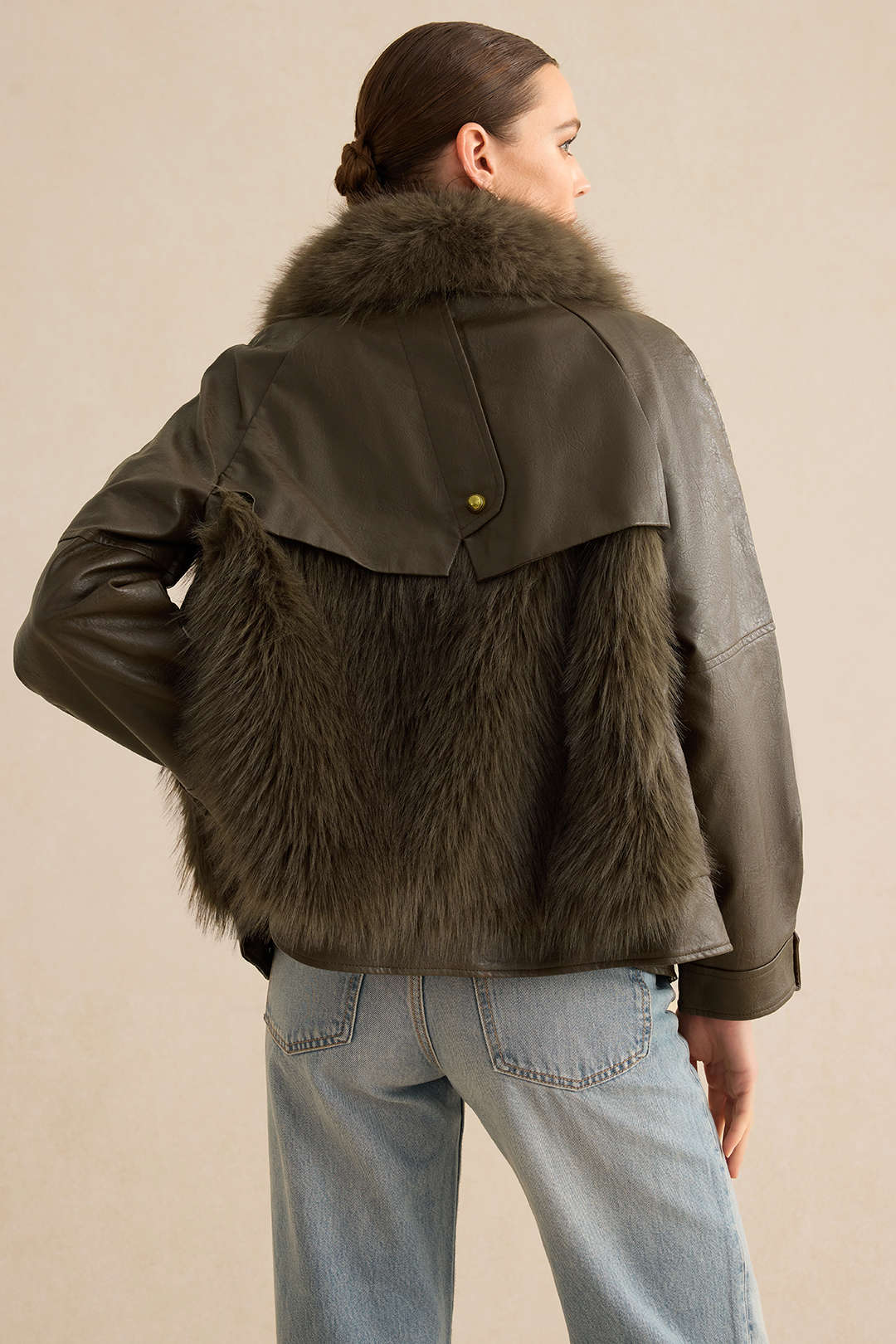 Faux Leather Fur Button Patchwork Coat