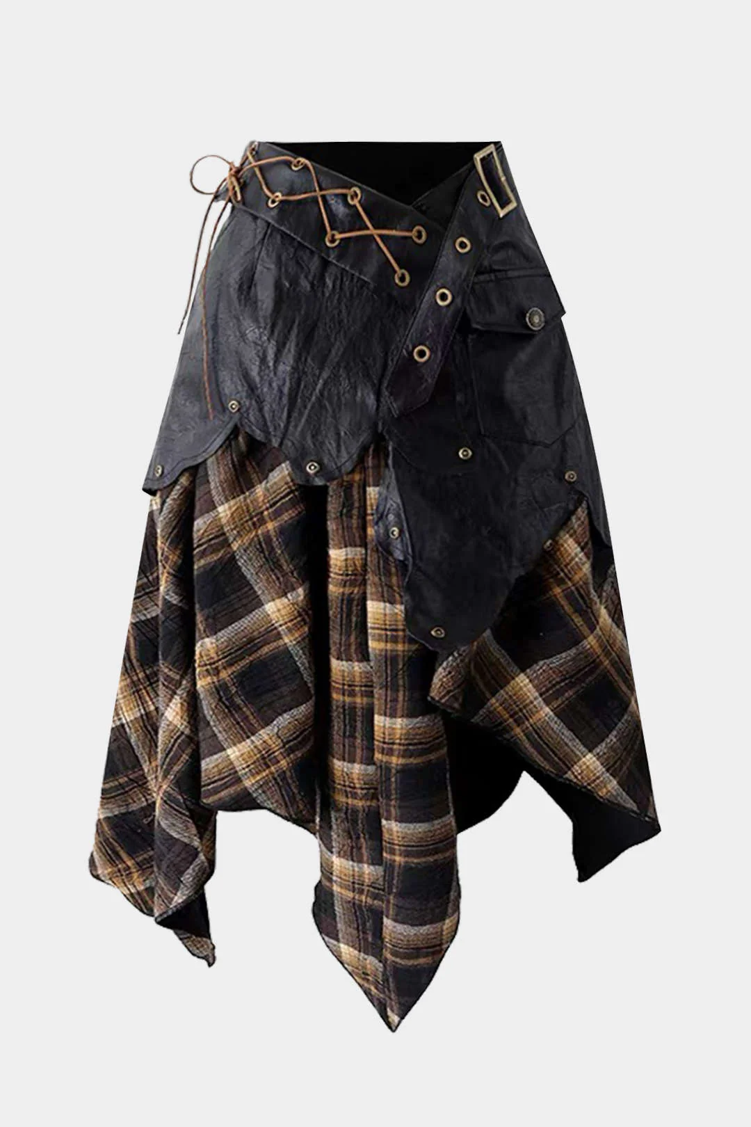 Large Size Color Block Plaid Print Faux Leather Patchwork Tie-Up Asymmetrical Pocket Skirt