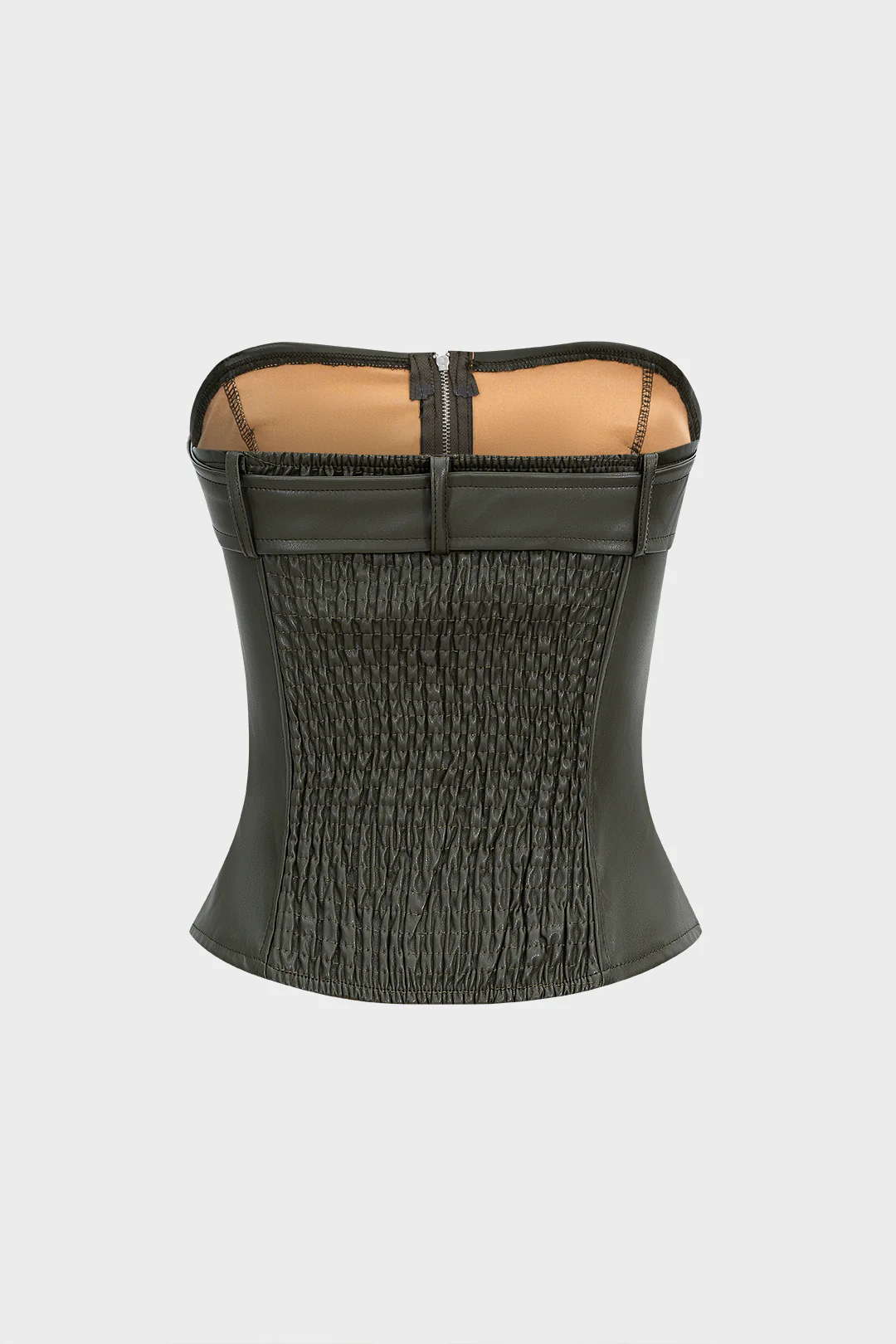 Faux Leather Smocked Strapless Belted Zipper Tube Top