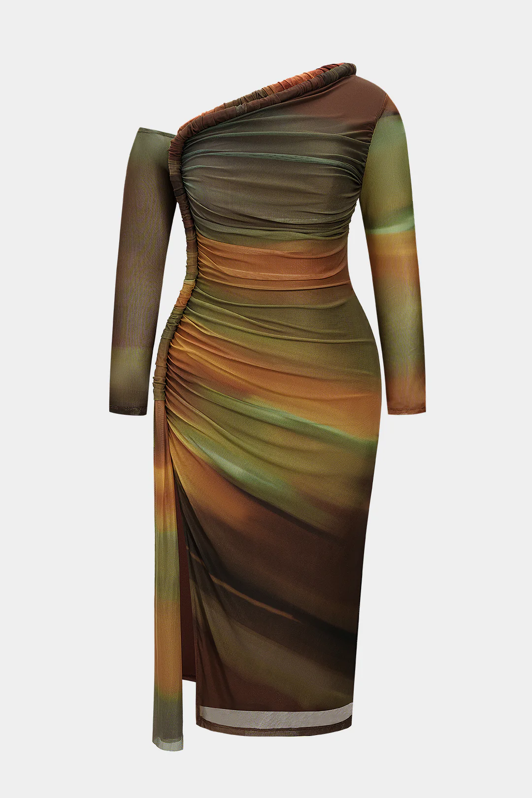 Plus Size Colorblock Print Mesh Ruched Asymmetrical Long Sleeve Mid-length Dress