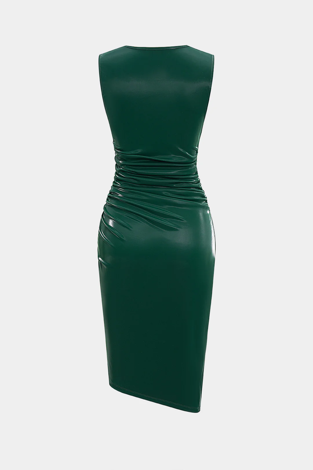 Metallic Ruched Faux Leather Sleeveless Midi Dress