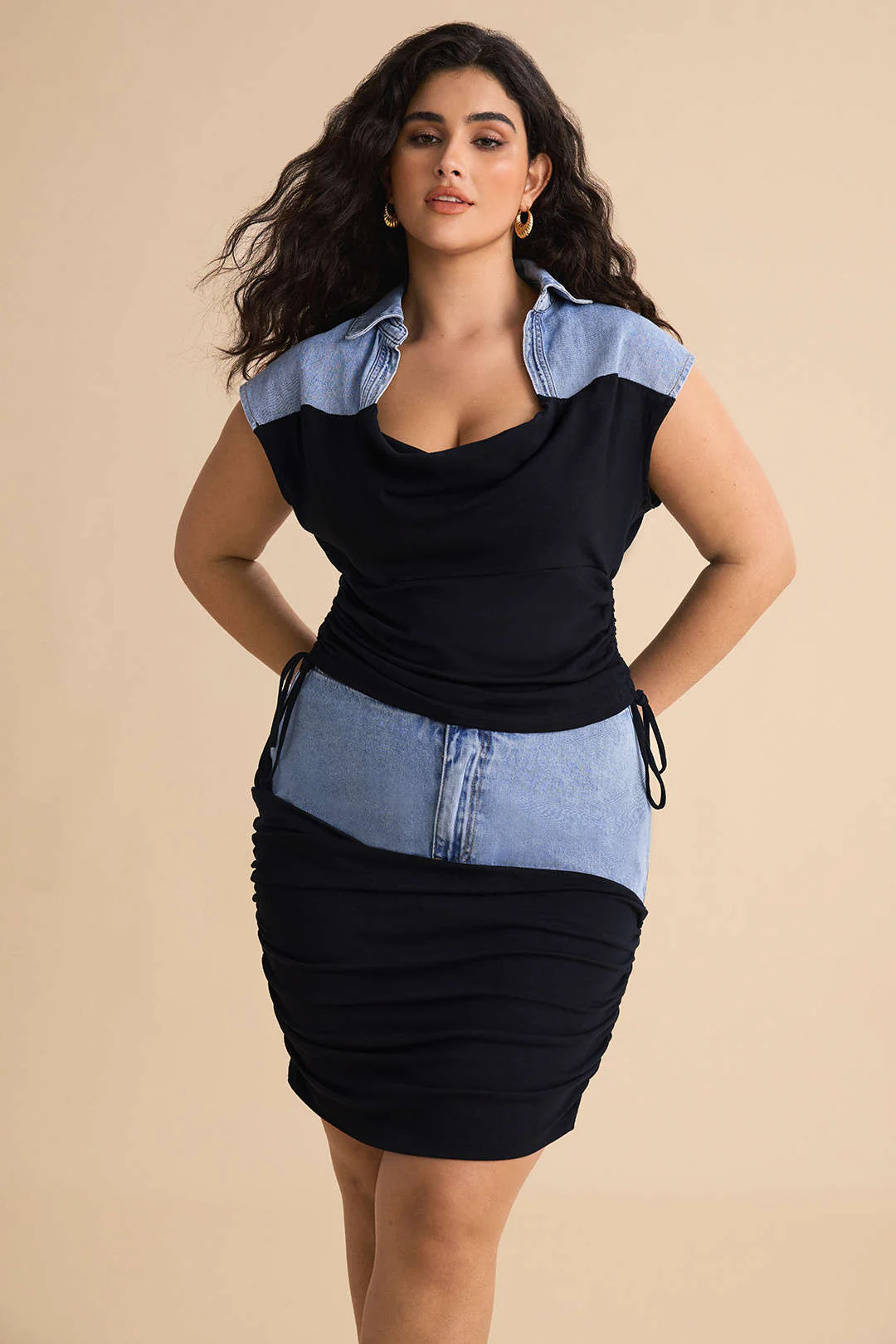 Plus Size Denim Drawstring Patchwork Crop Top