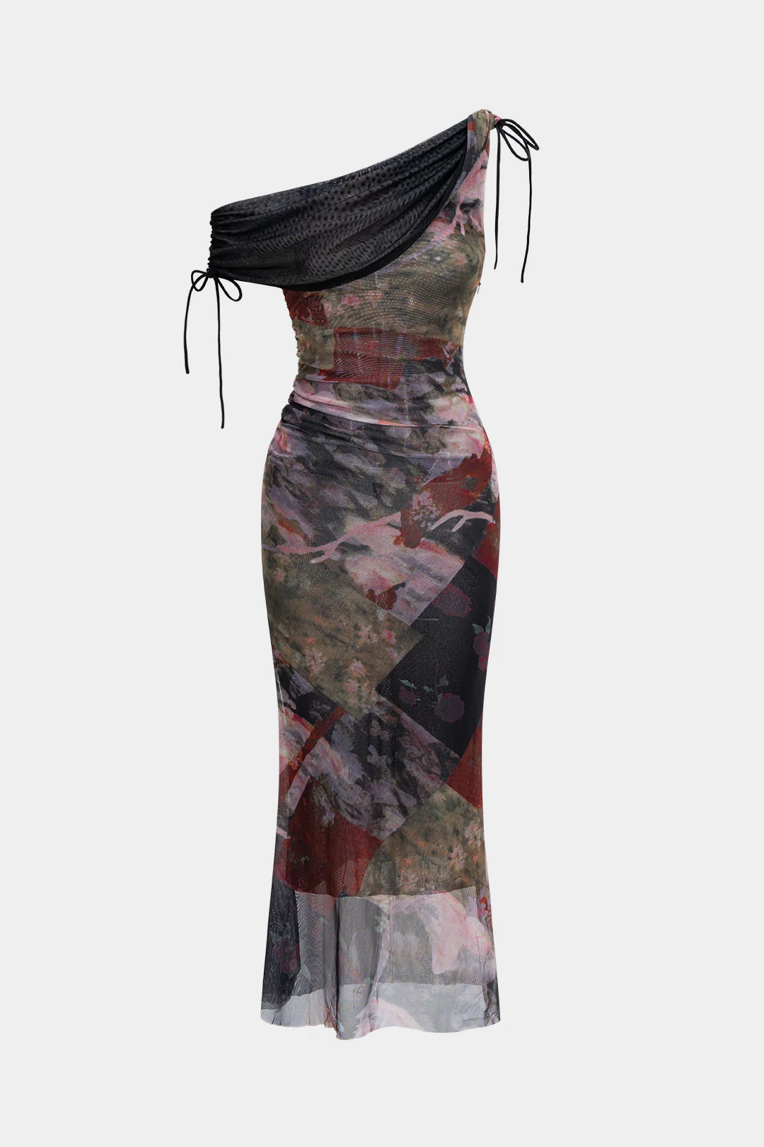 Abstract Print Mesh Asymmetrical Draped Cowl Neck Sleeveless Long Dress