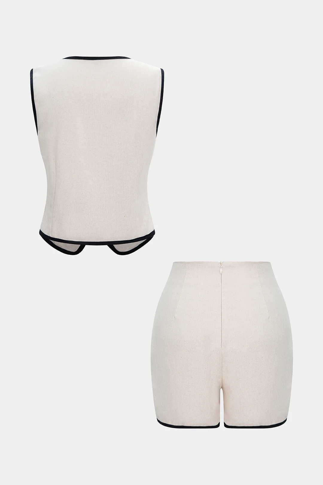 Linen Contrast Vest And Fake Pockets Skirt Set