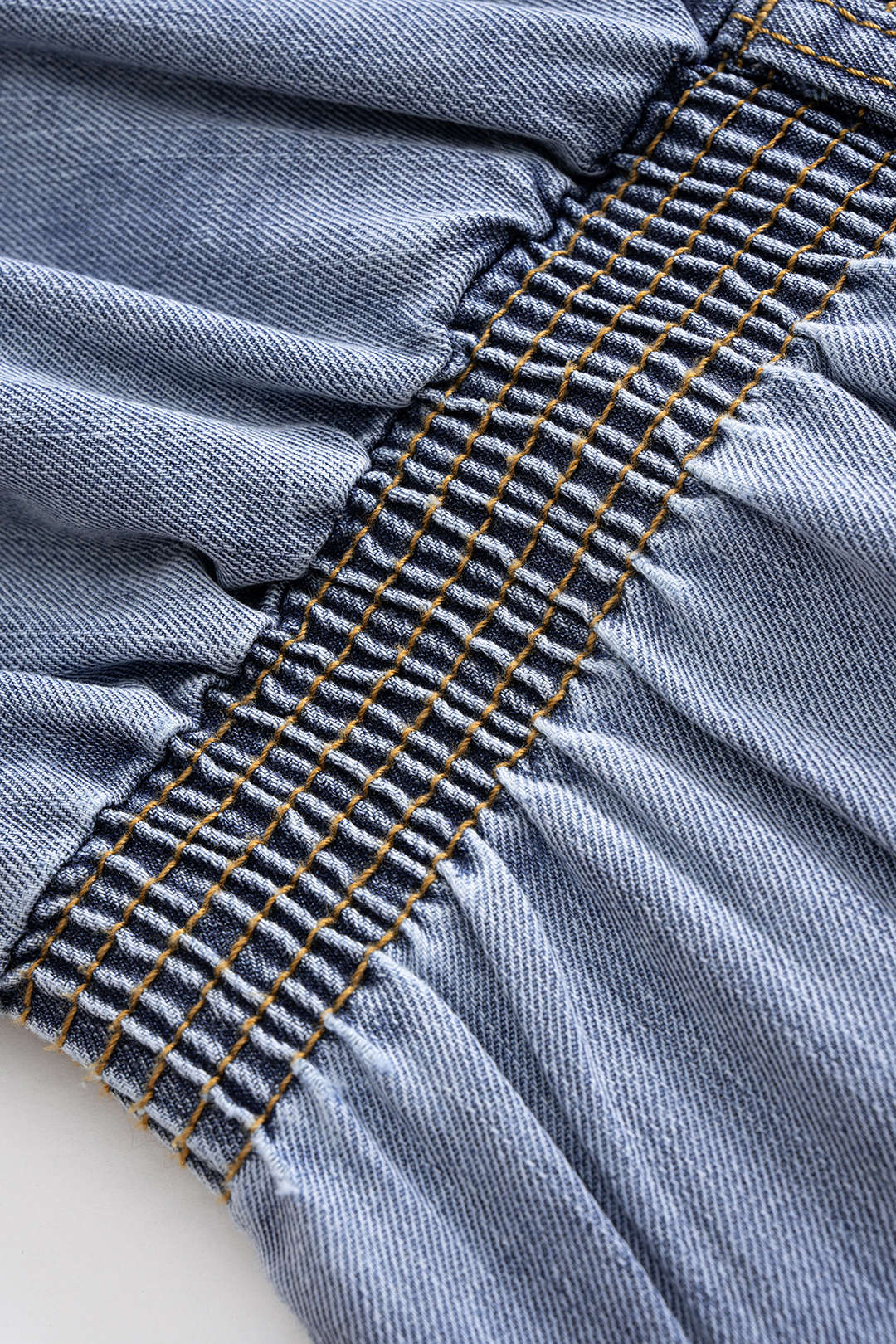 Denim Buttoned Shirred Short-Sleeve Dress