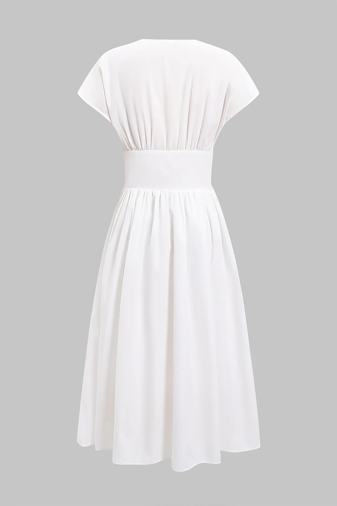 V-Neck Belted Ruched Short-Sleeve Midi Dress