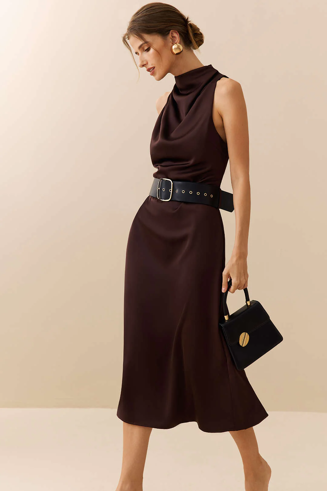 Satin Ruched Belted Sleeveless Floor-Length Dress