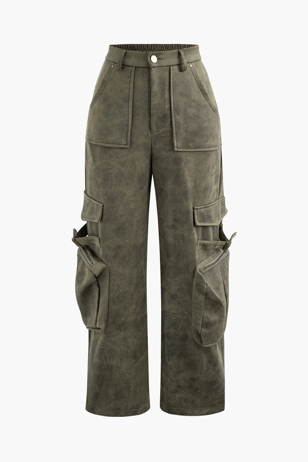 Faux Suede Multi-Pocket Straight-Leg Cargo Trousers