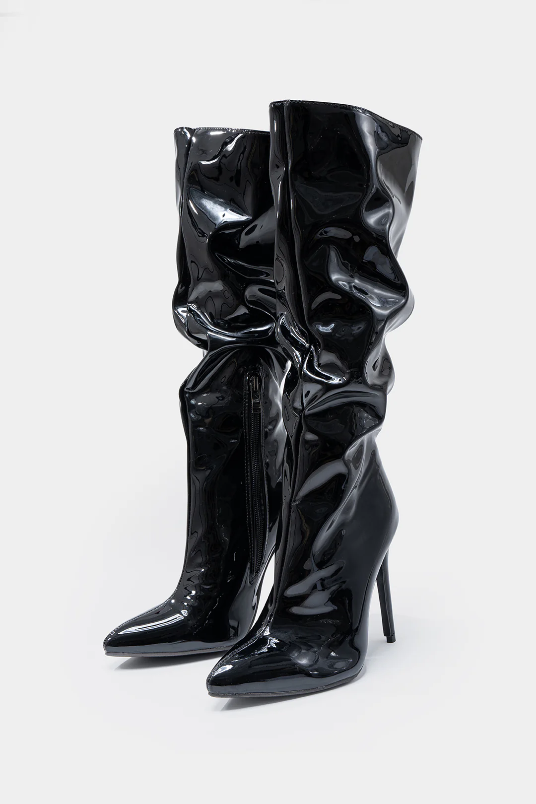 Leather Wrinkle Pointed Toe Mid Calf Boots