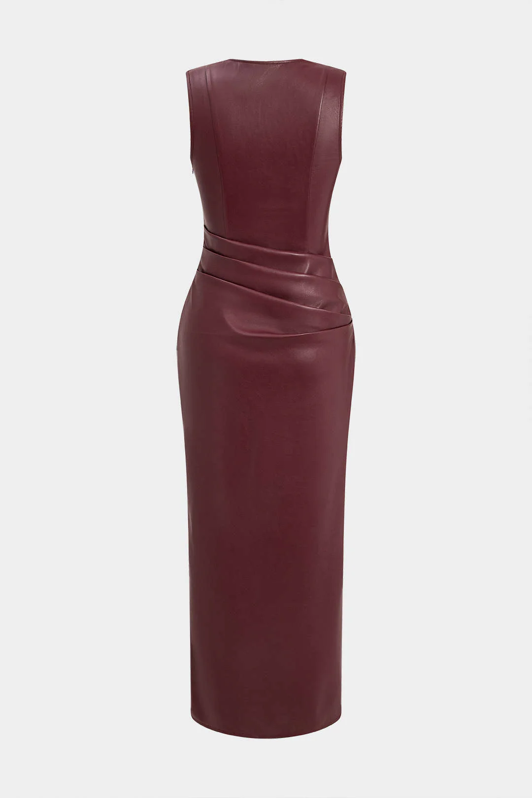 Faux Leather V-neck Ruched Long Dress