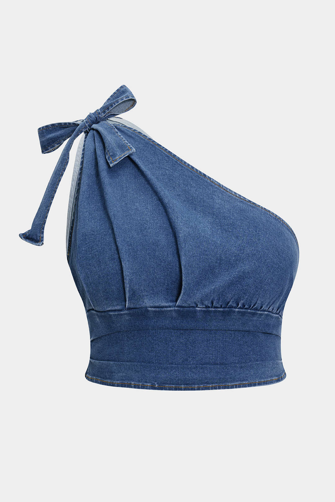 Plus Size Denim Zipper Asymmetric Knotted Cropped Top