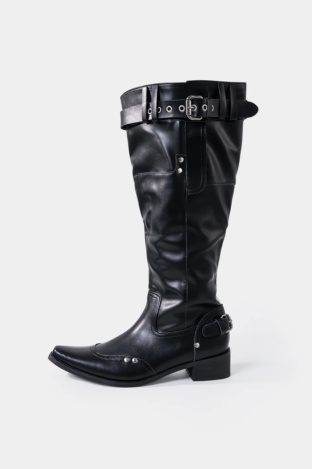 Leather Ruched Buckle Knee-High Boots