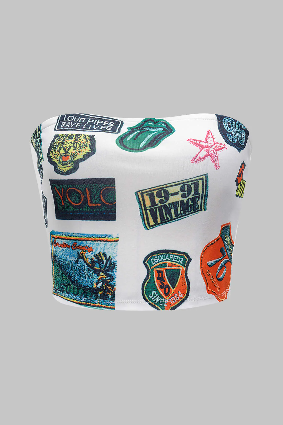 Vintage Print Tube Top and High-Waisted Shorts Set