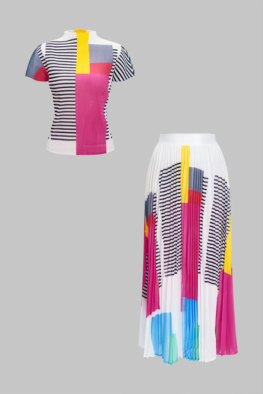 Abstract Geometric Print Short Sleeve Top and Pleated Skirt Set