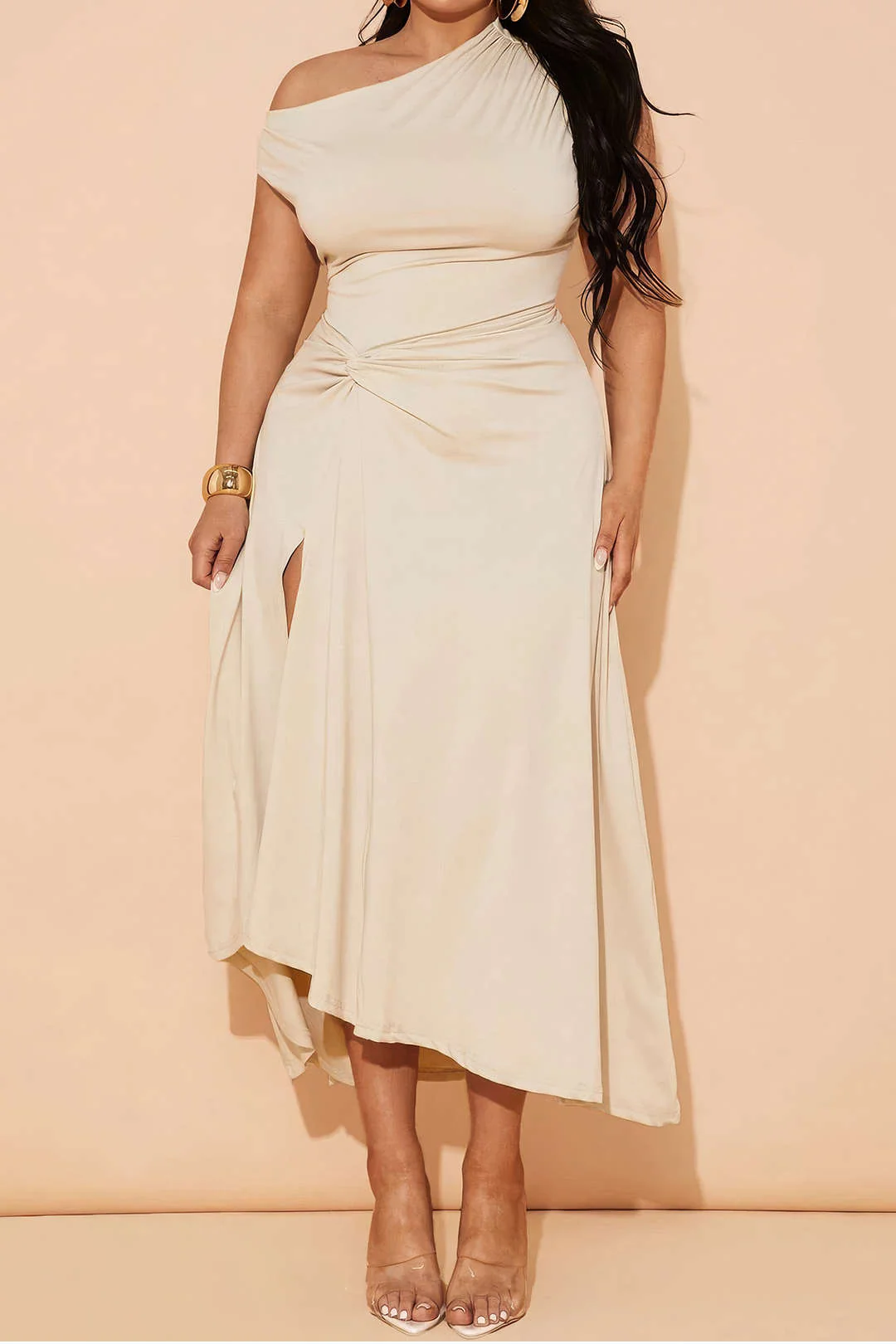 Plus Size Asymmetric Sleeveless Ruched Mid-length Dress