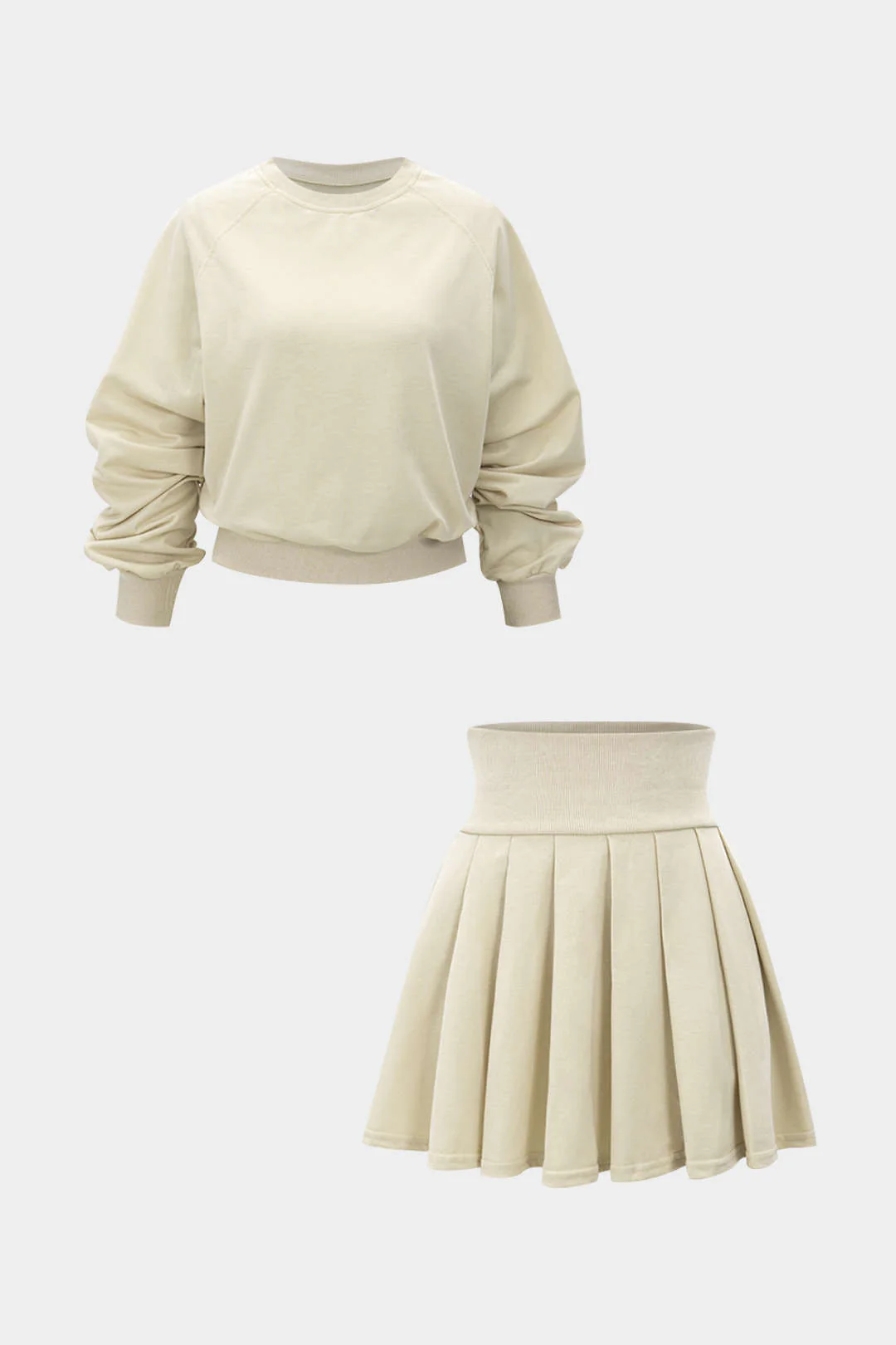 Solid Long-Sleeved Top and Pleated Skirt Combo