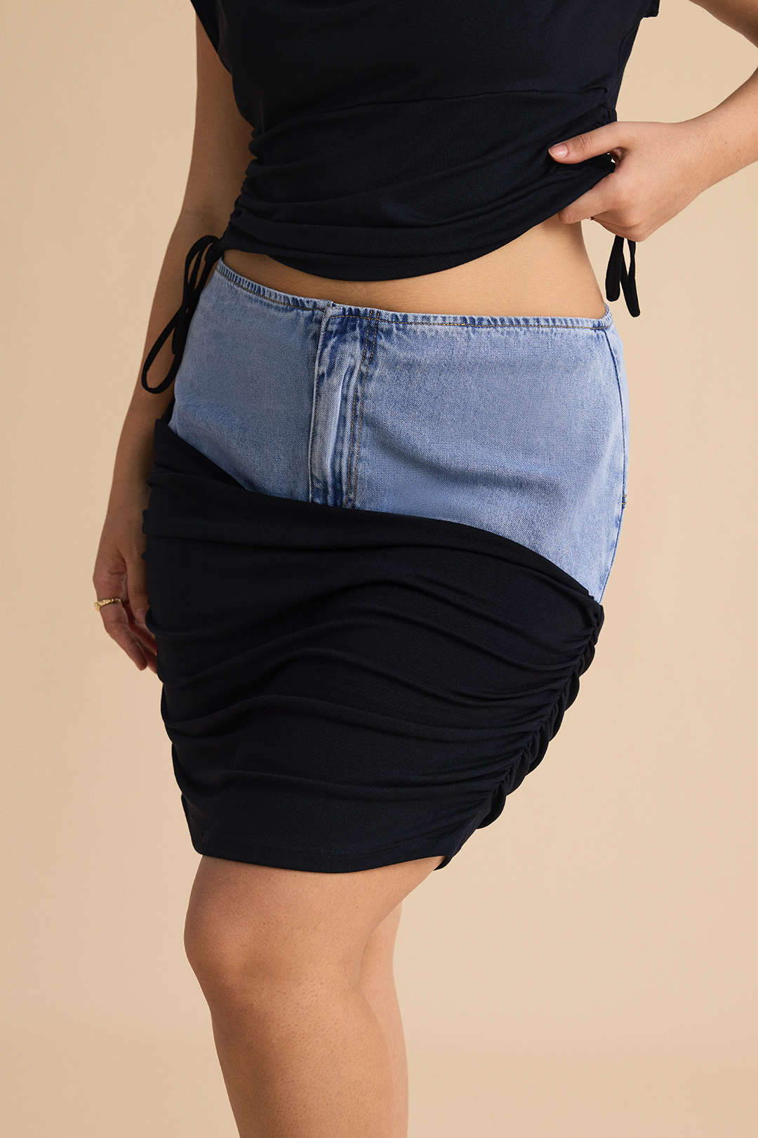 Plus Size Denim Ruched Patchwork Zipper High-Waisted Skirt