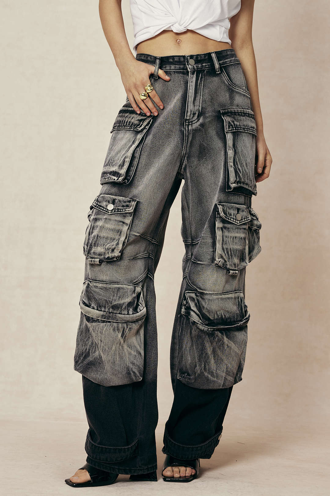Ombre Multi-Pocket Wide-Leg Cargo Denim Trousers