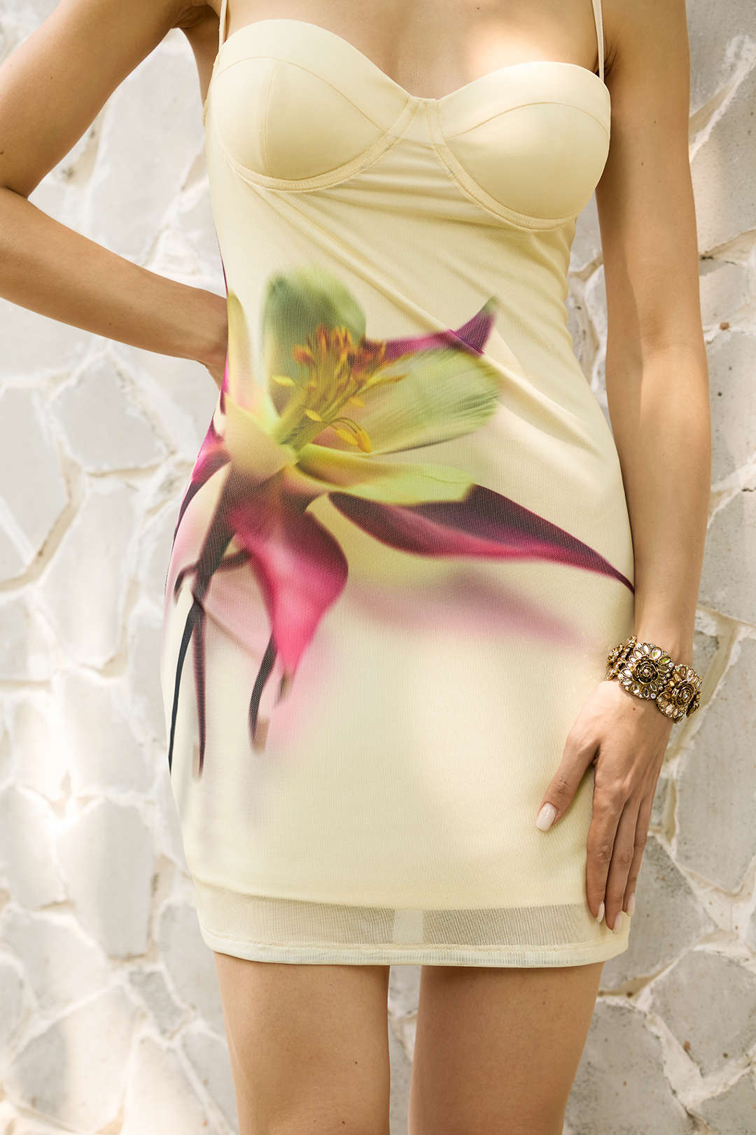 Mesh Floral Pattern Slip Bustier Sleeveless Mini Dress