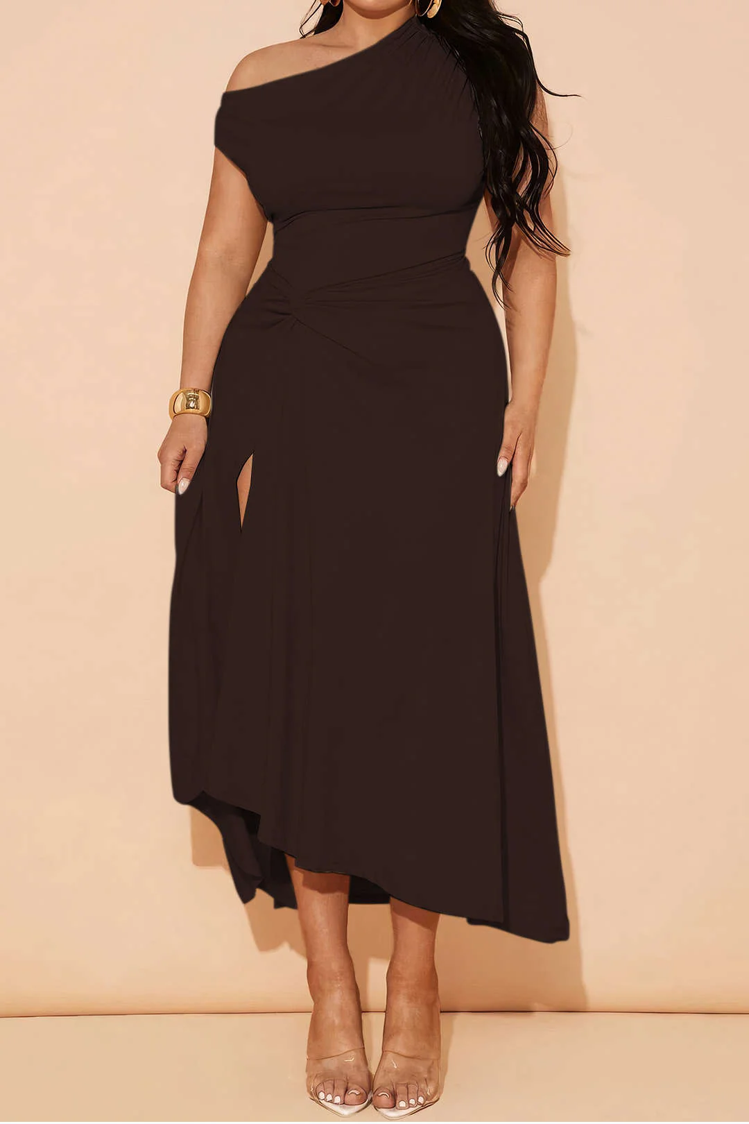 Plus Size Asymmetric Sleeveless Ruched Mid-length Dress