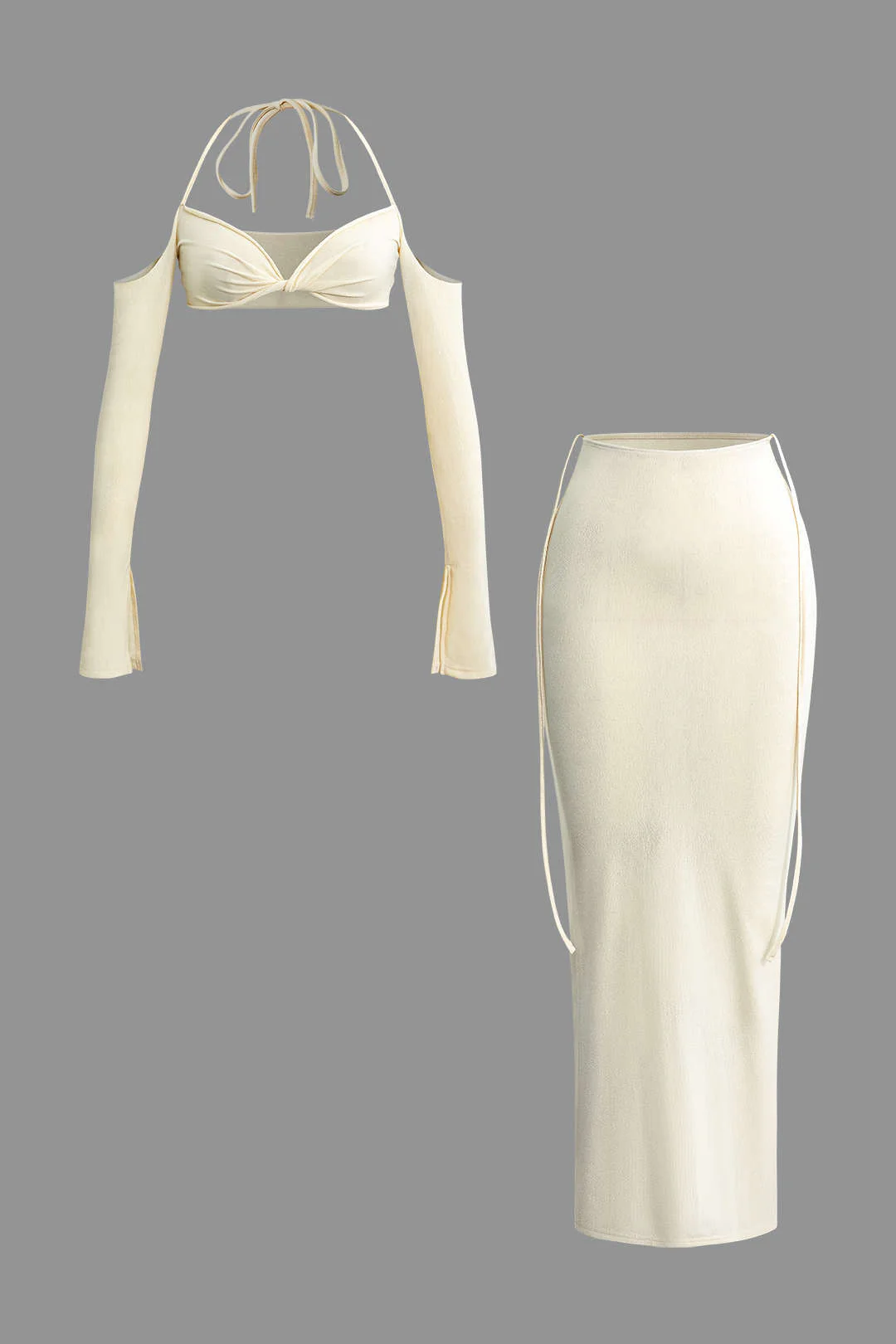 Twist Tie Halter Long Sleeve Bra Top and Maxi Skirt Outfit Set