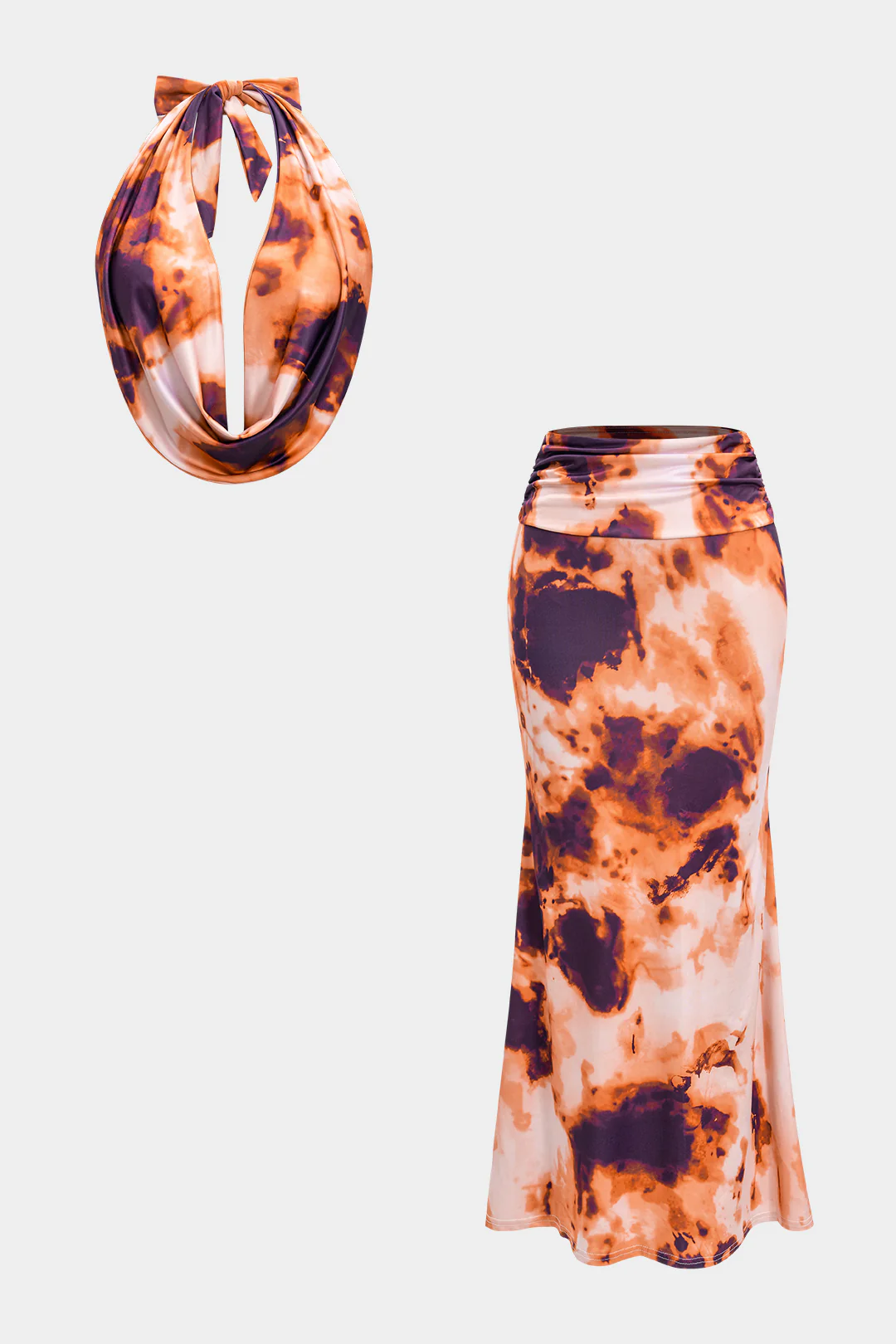 Contrast Print Tie-Back Backless Top and Ruched Skirt Outfit Set