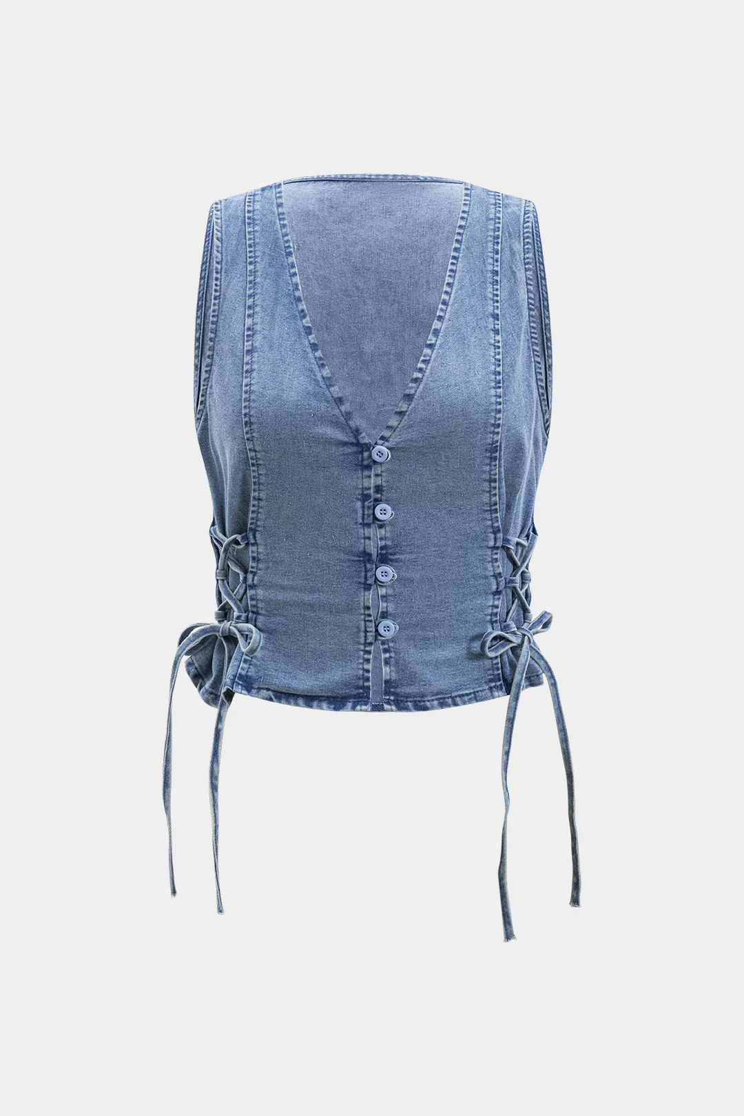 Denim Ruched Button Tie Knot Vest