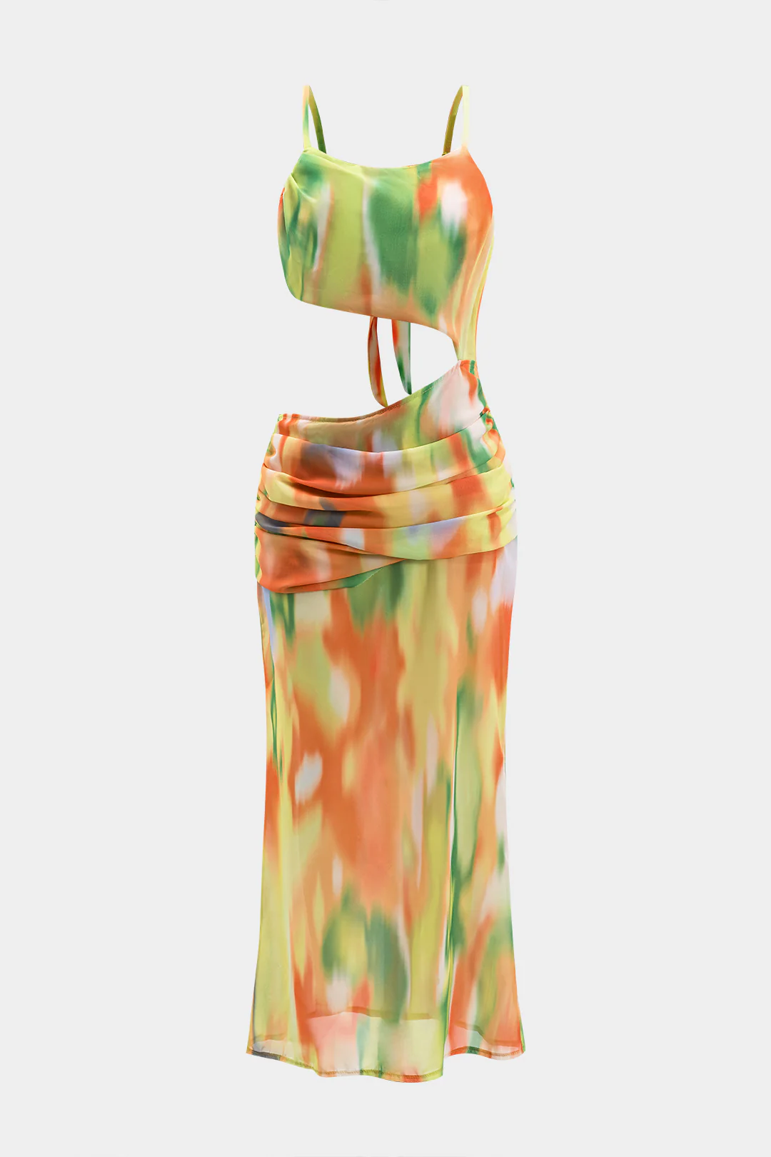 Ombre Print Chiffon Ruched Cut Out Tie Back Backless Slip Maxi Dress