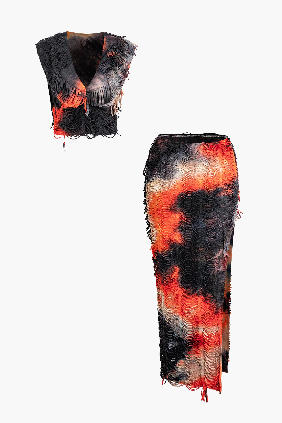 Distressed V-neck Cap Sleeve Crop Top and Slit Maxi Skirt Outfit Set