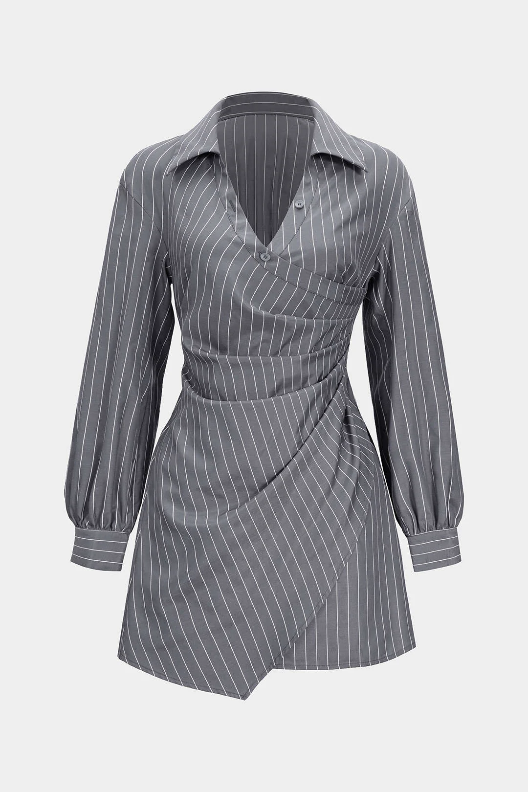 Stripes Print Button Ruched Smocked Long Sleeve Mini Dress