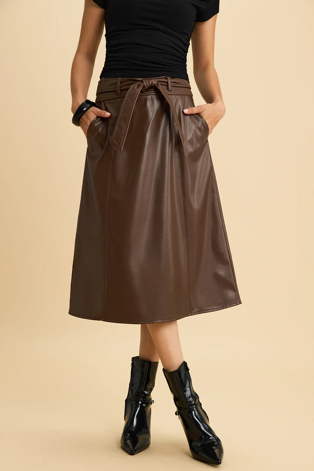 Faux Leather Bow High Waist Belted Skirt