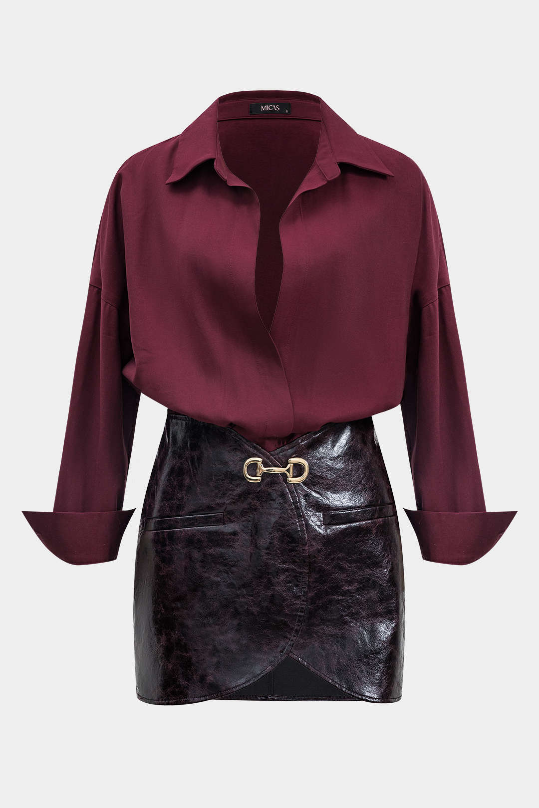 Faux Leather Metallic Patchwork Long-Sleeved Mini Dress