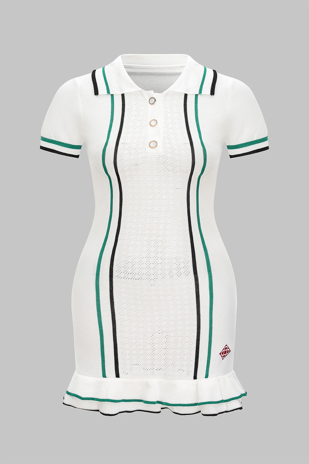 Plus Size Knitted Contrasting Ruffled Hem Button Short-Sleeve Dress