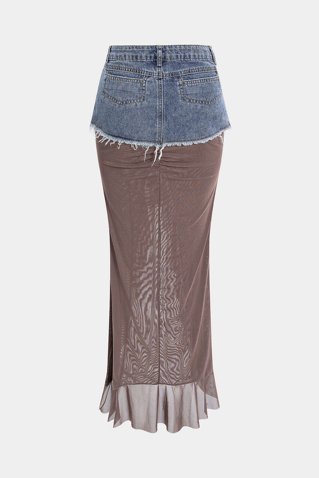 Denim Mesh Patchwork Frayed Ruched Ruffle Slit Skirt
