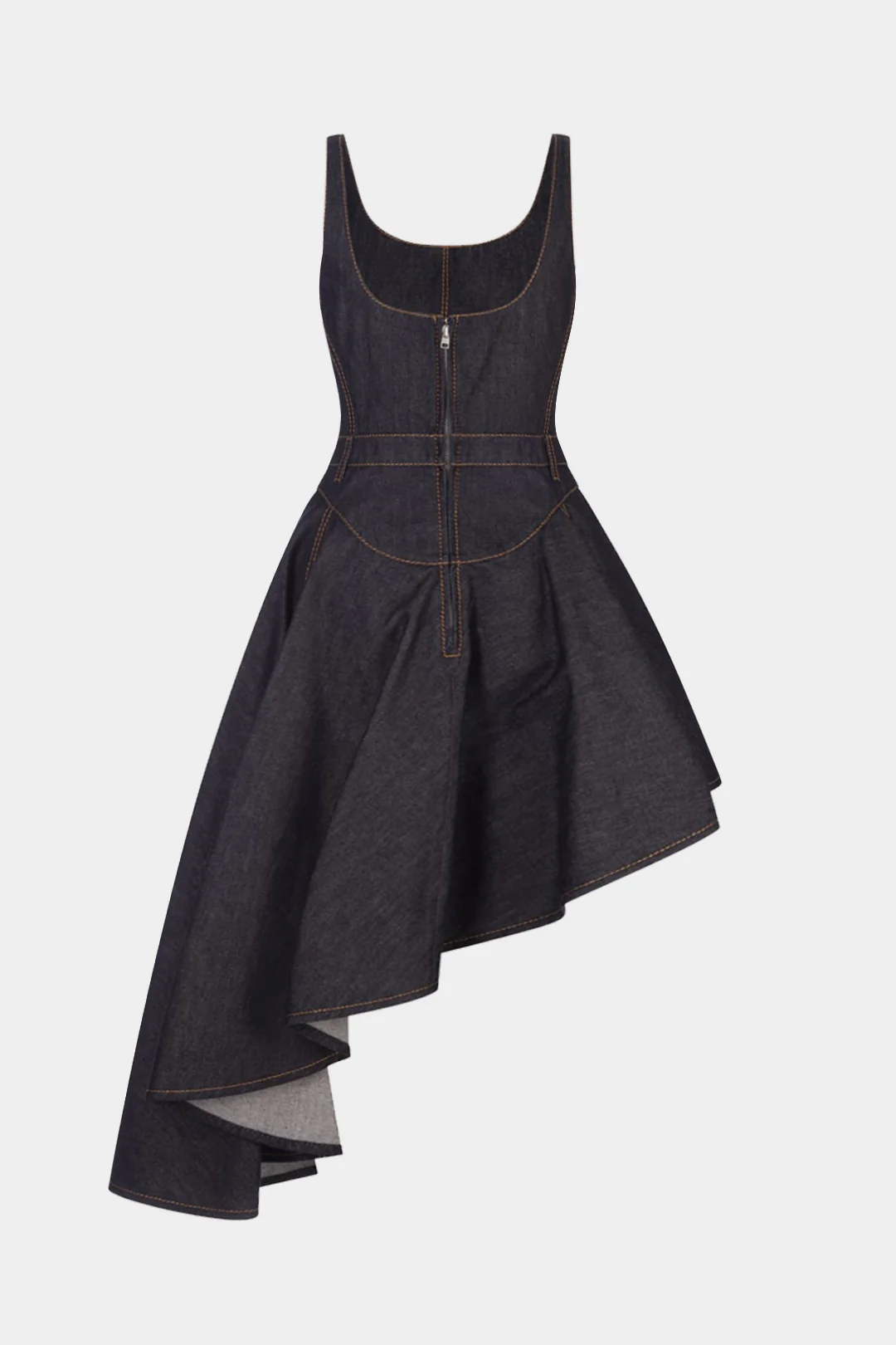 Denim Asymmetrical Ruffled Sleeveless Slip Dress
