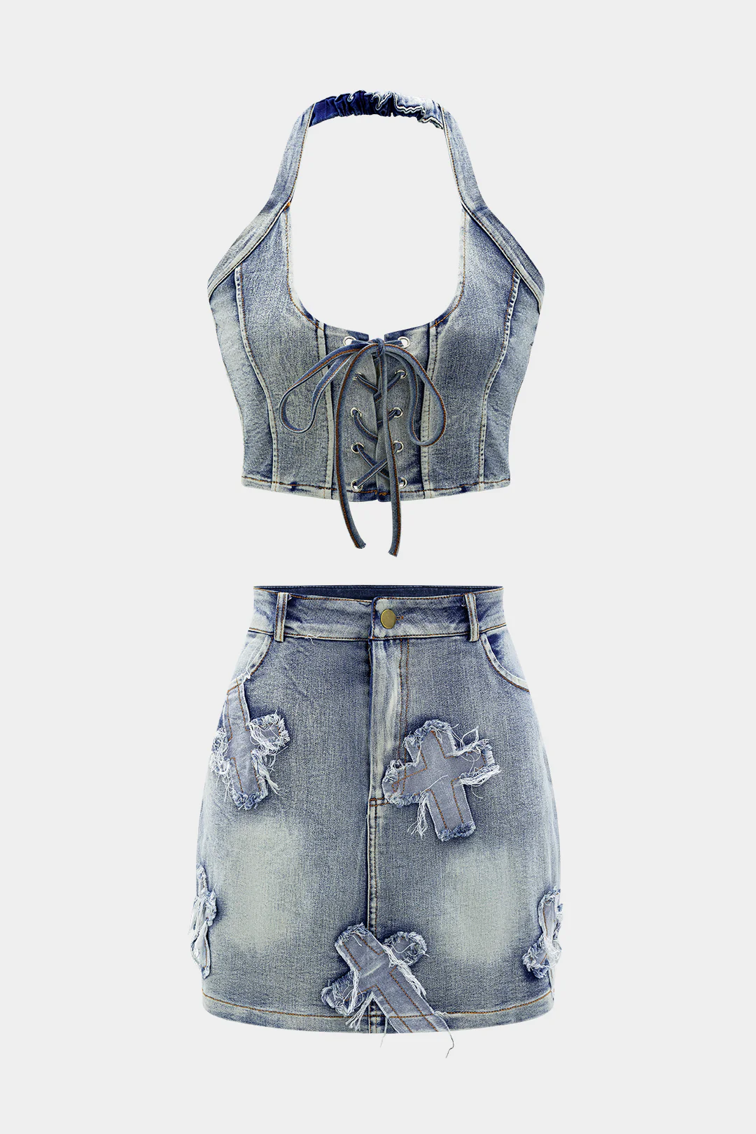 Denim Tie Up Halter And Mini Skirt Set