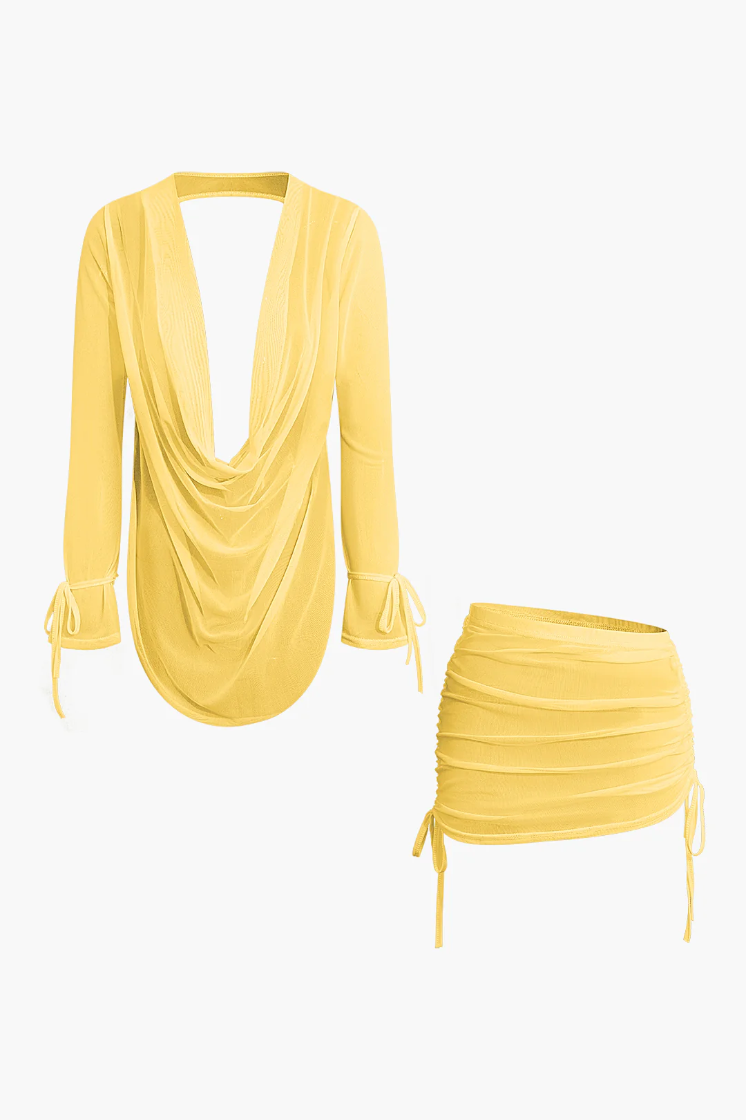 Cowl Neck Backless Tie Mesh Top and Asymmetrical Mini Skirt Outfit Set