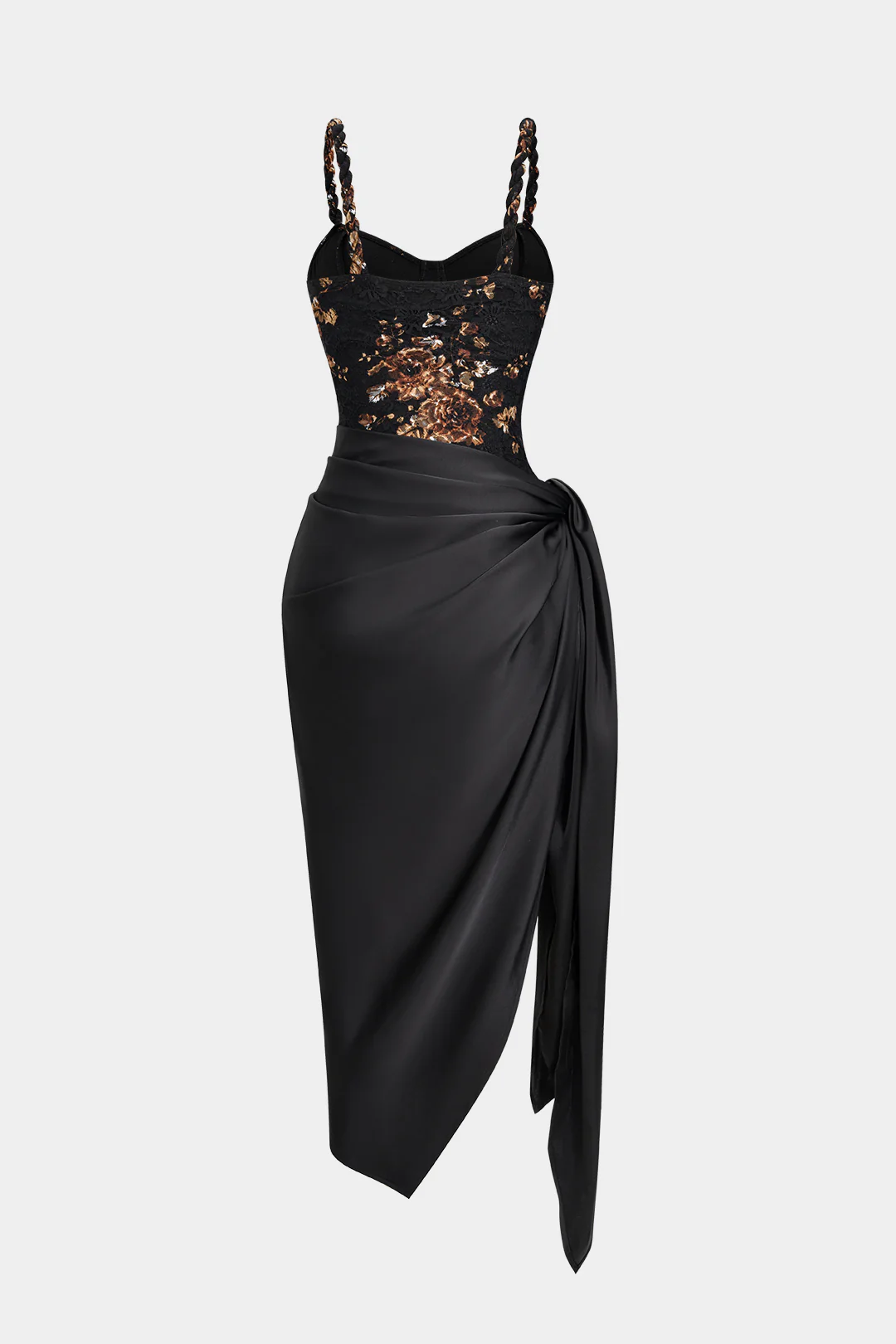 Floral Lace Patchwork Twist Knot Sleeveless Dress and Satin Asymmetrical Tie Knot Skirt Ensemble