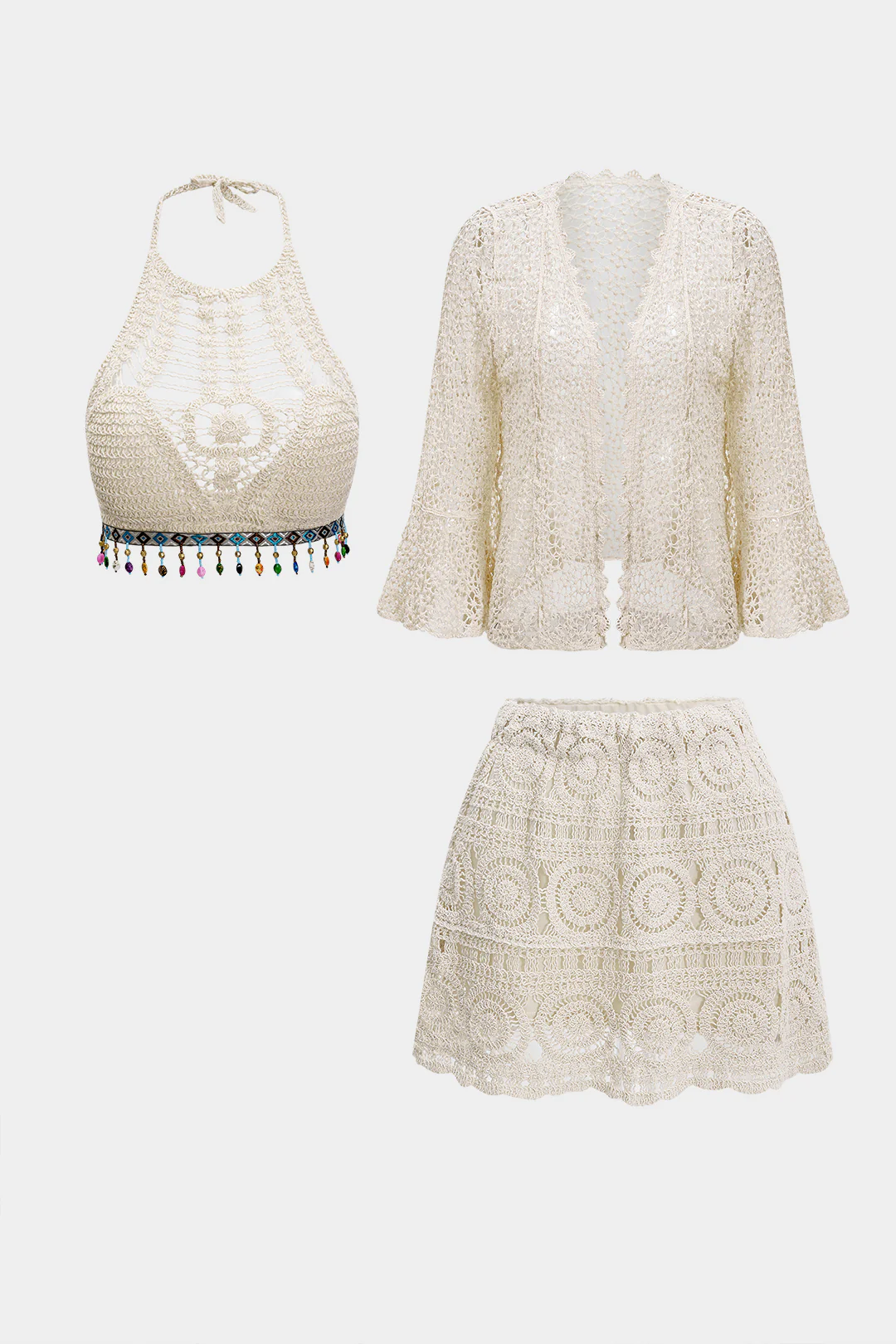 Knit Hollow-Out Tank Top, Cardigan, and Skirt Set