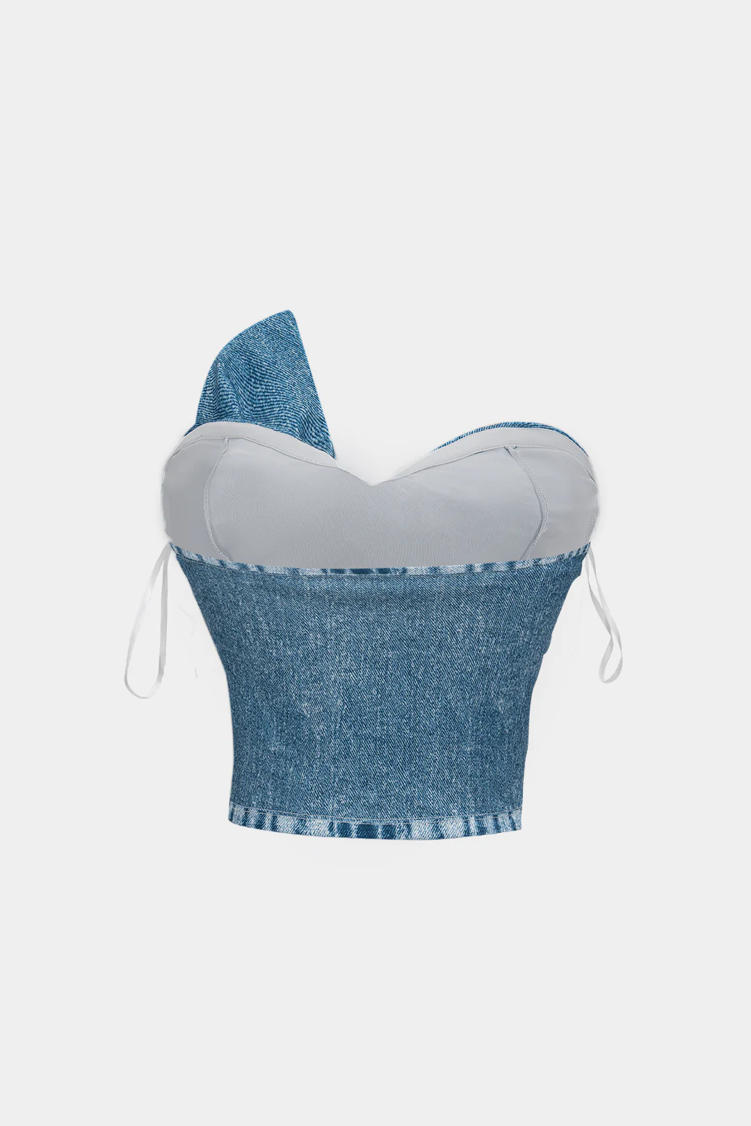 Denim Print Asymmetrical Twist Knot Strapless Tube Top