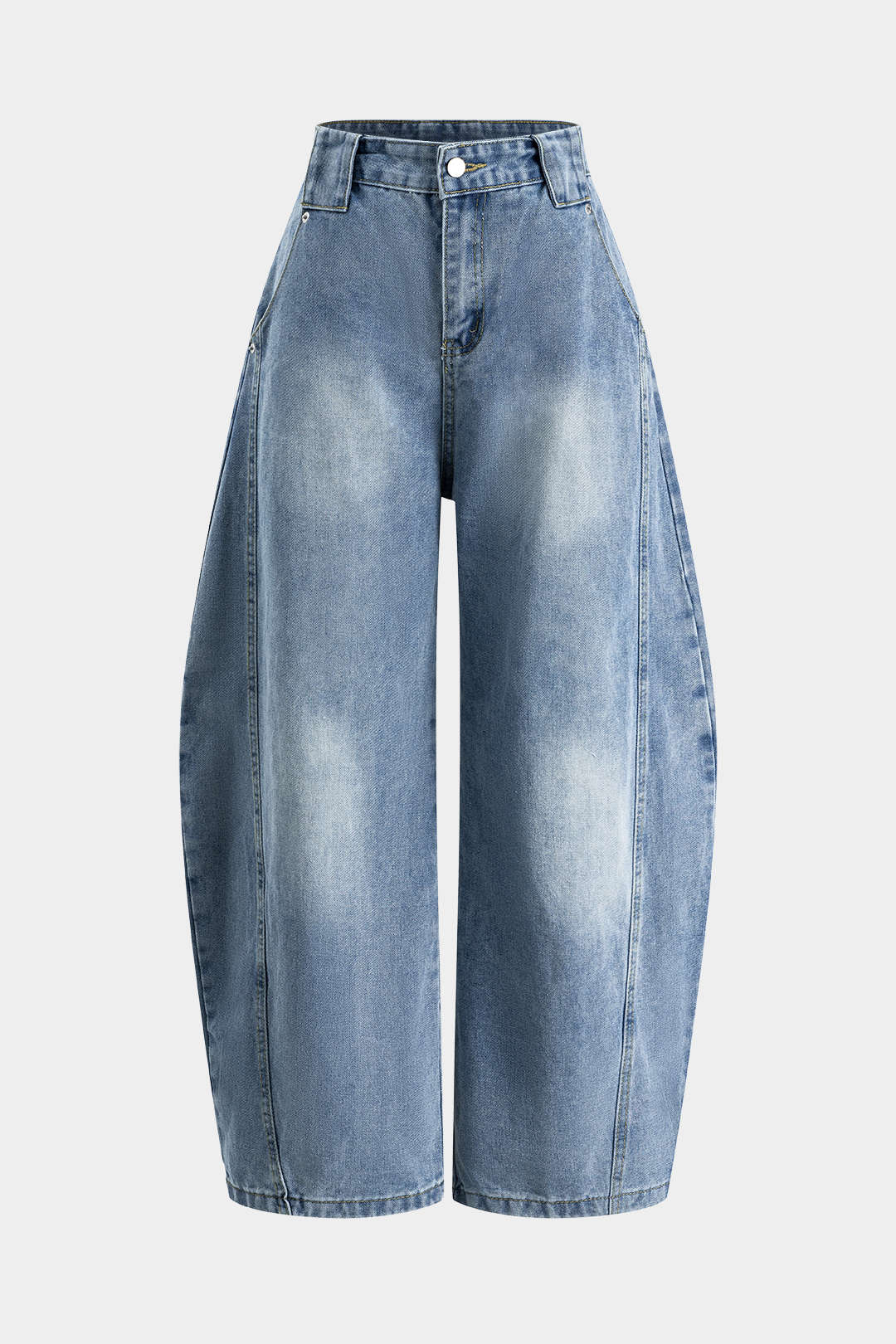 Denim Button Pocket Curved Wide-Leg Barrel Jeans