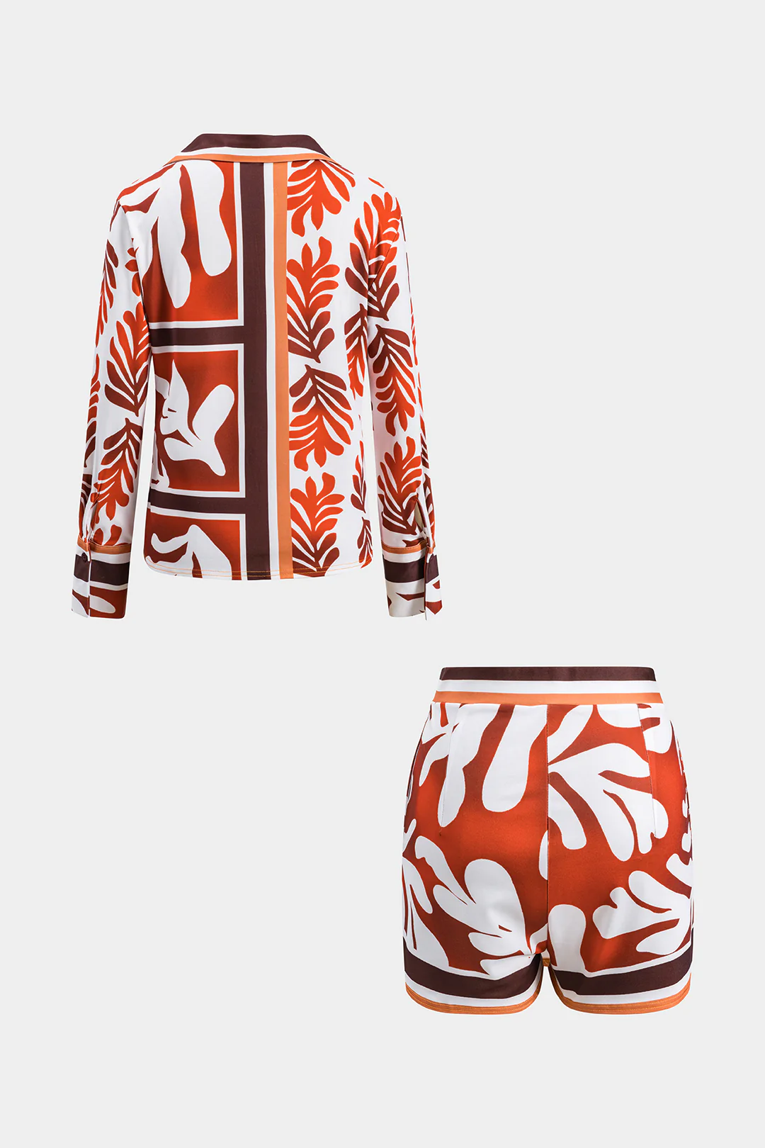 Leaf Print Satin Long Sleeve Shirt and Asymmetrical Mini Skirt Set